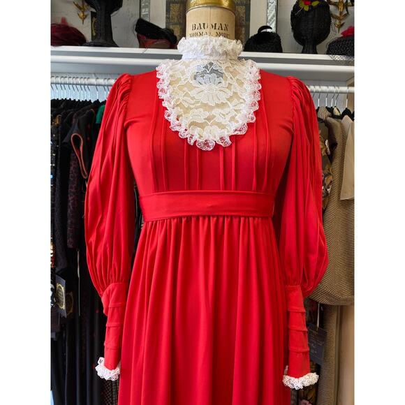 vintage 1970s red victorian style maxi dress lace bib balloon sleeves small - Picture 2 of 10